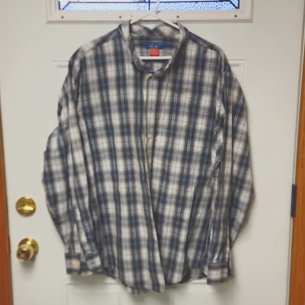 Puritan dress button up XL dark blue, tan & white stripes